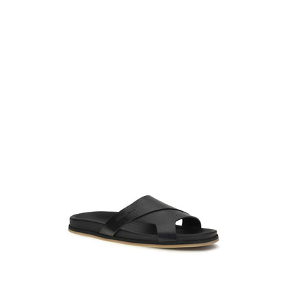 Black Calf Leather Bos Taurus Flat Sandals