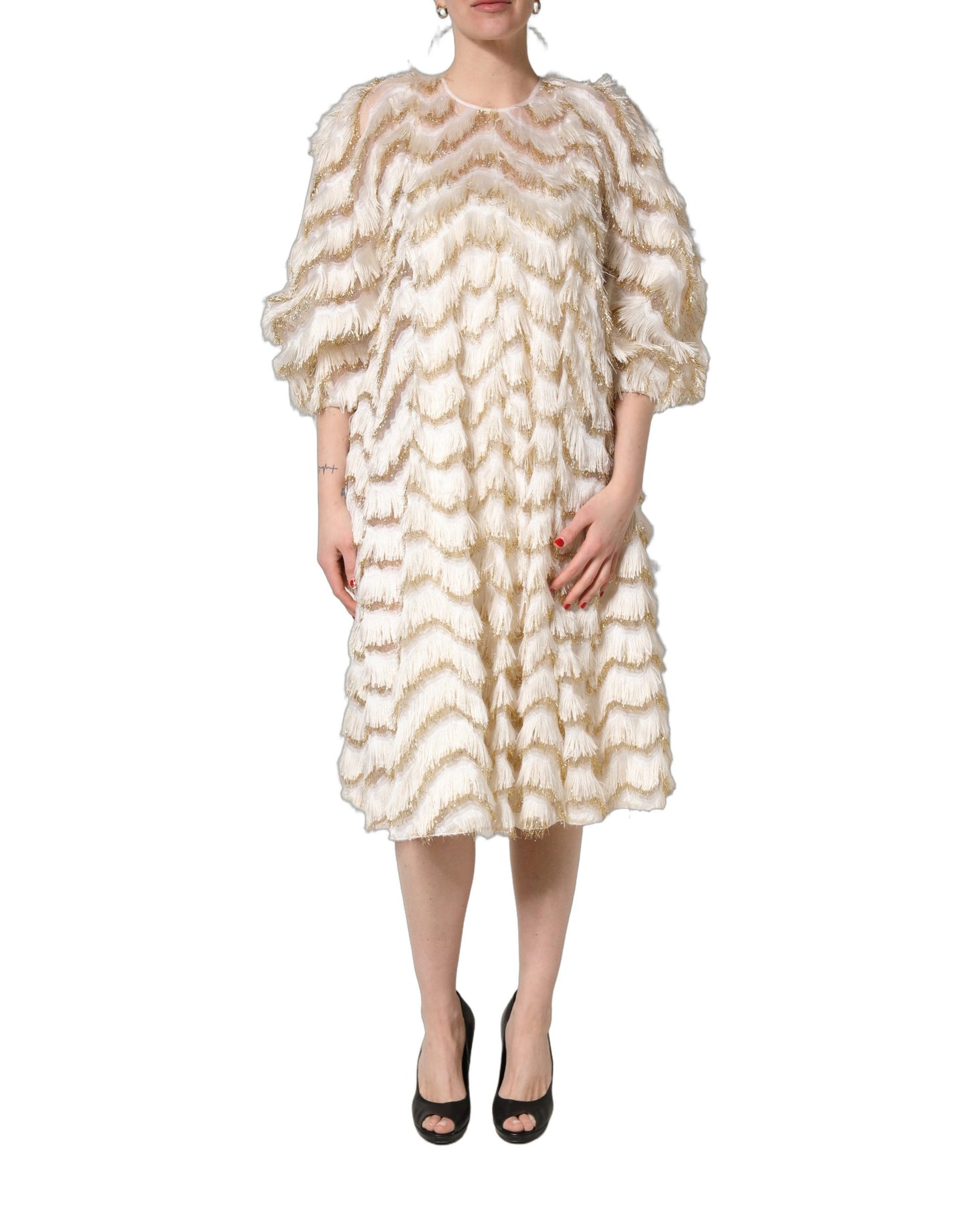 Ivory Fringe Layered Shift Midi Dress