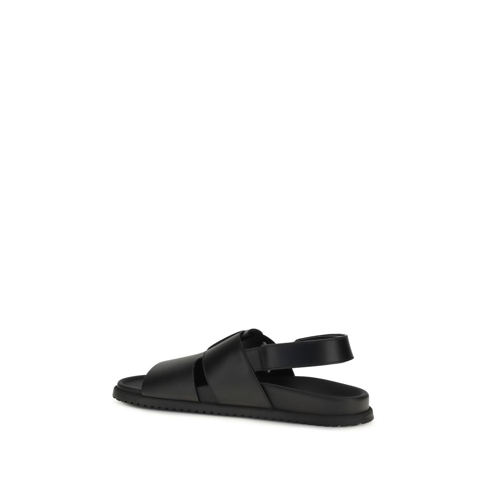 Black Calf Leather Bos Taurus Flat Sandals