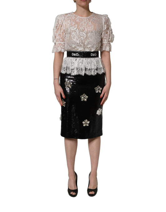 White Lace Top Embellished Black Skirt Dress