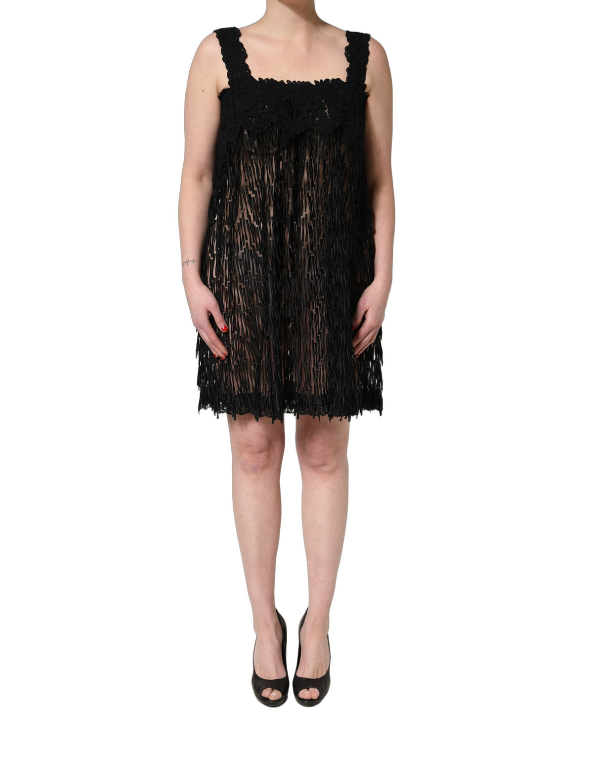 Black Viscose Fringed Sleeveless Mini Dress