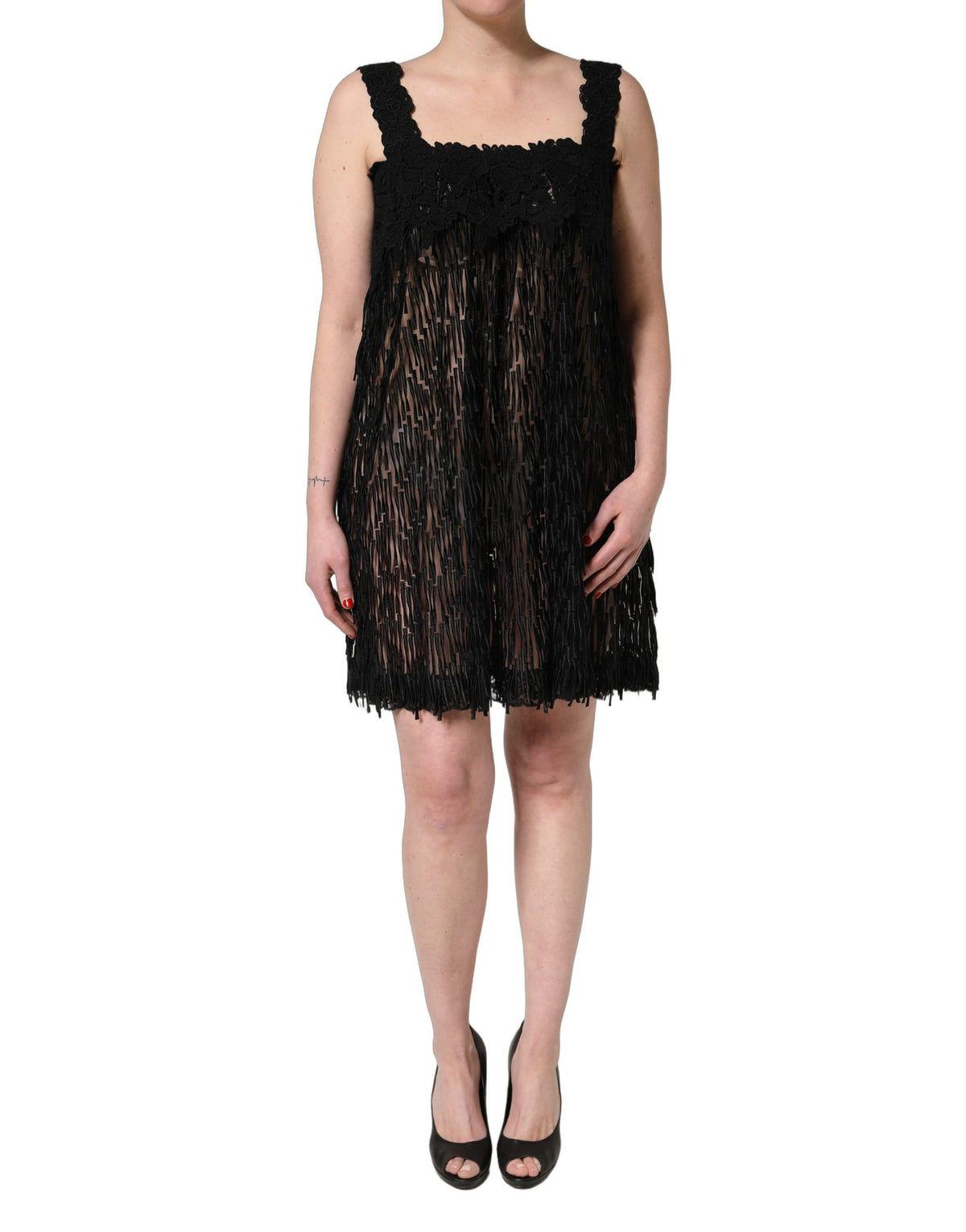 Black Viscose Fringed Sleeveless Mini Dress