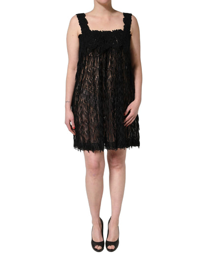Black Viscose Fringed Sleeveless Mini Dress