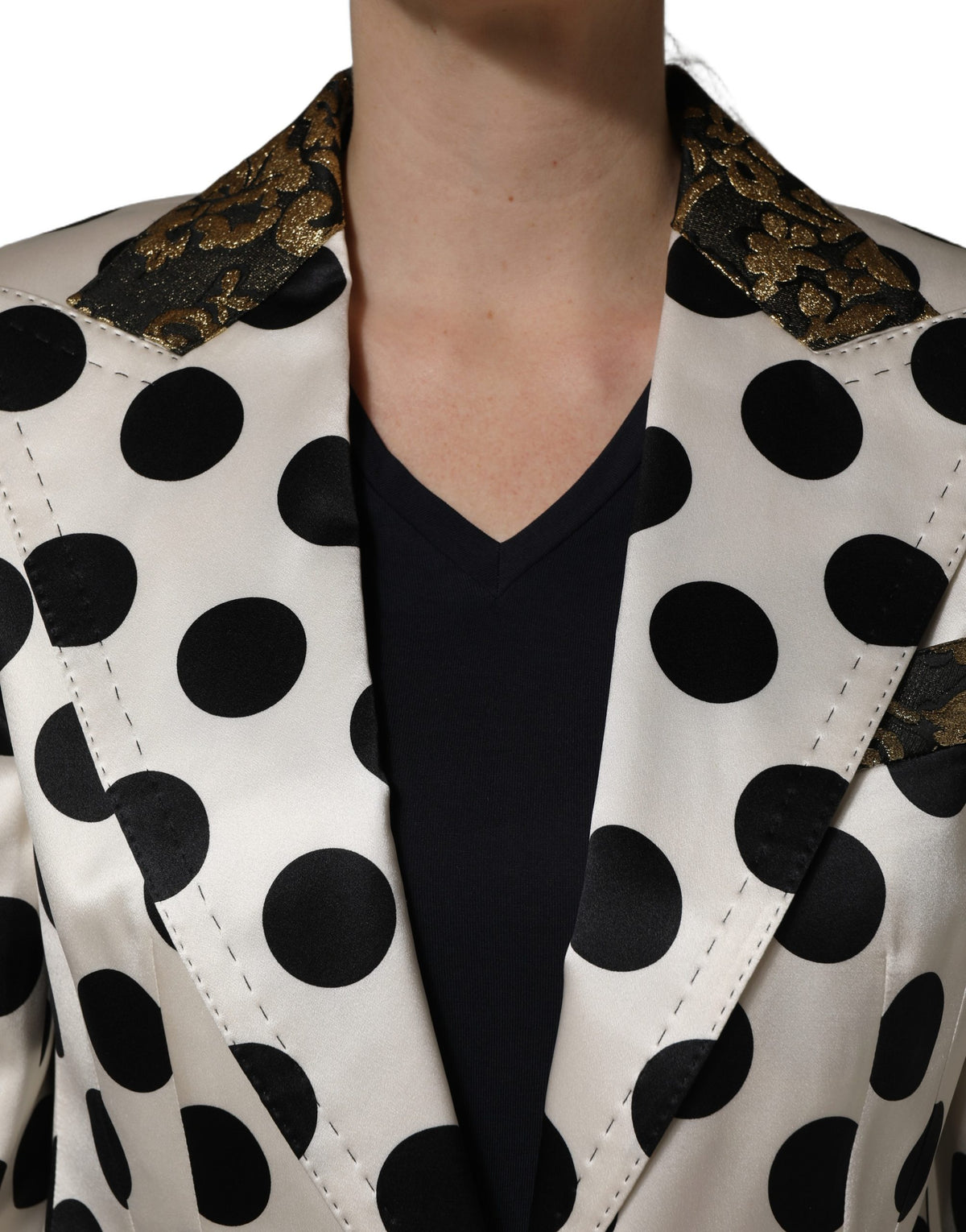 White Brocade Polka-Dot Print Blazer Jacket