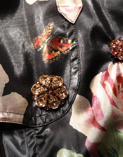 Black Floral Belted Polyester Trench Coat Jacket