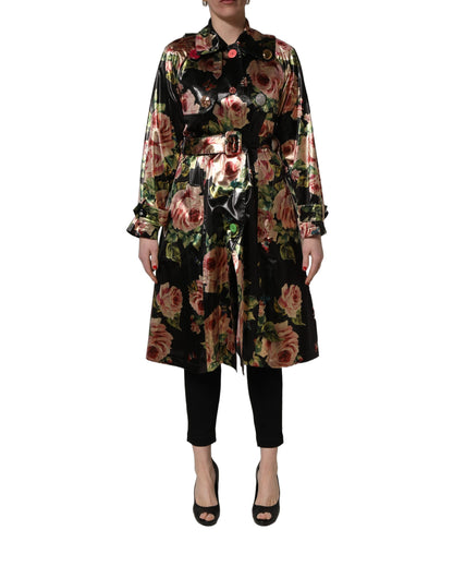 Black Floral Belted Polyester Trench Coat Jacket