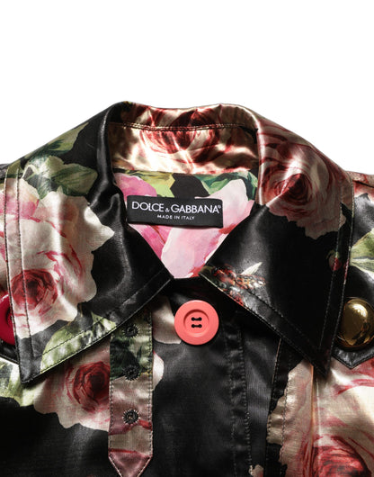 Black Floral Belted Polyester Trench Coat Jacket
