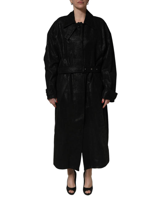 Black Belted Sheepskin Trench Coat Jacket
