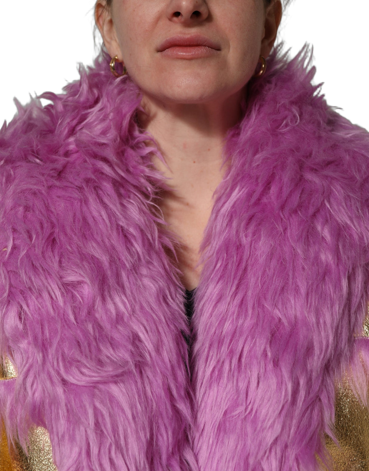 Pink Plush Faux Fur Gold Leather Coat Jacket