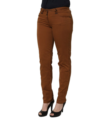Brown Cotton Mid Waist Skinny Chino Pants