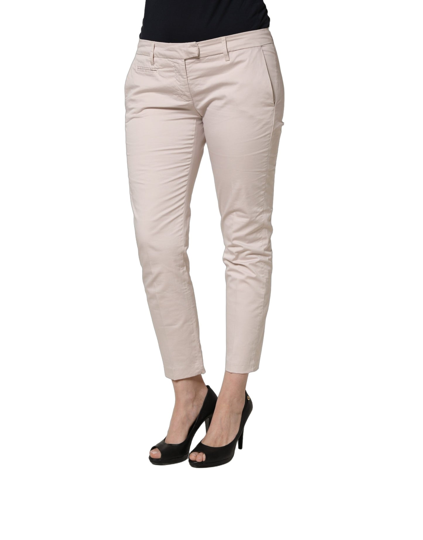 Beige Low Waist Tapered Women Cropped Trousers Pants