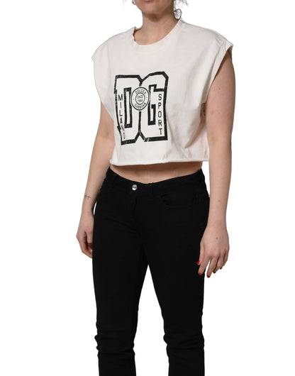 White Cotton DG Logo Print Cropped Jersey Top