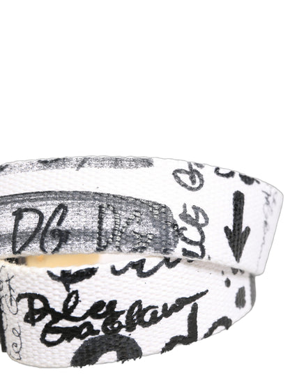 White Graffiti Print Gold Metal Buckle Belt