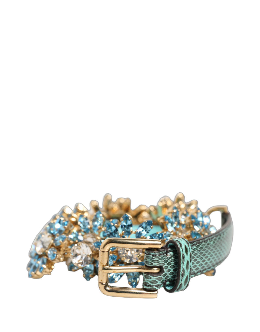 Green Leather Daisy Crystal Embellished Waist Belt