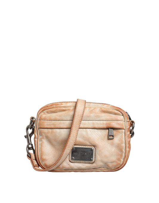 Beige Vintage Leather Logo Plaque Shoulder Borse Men Bag