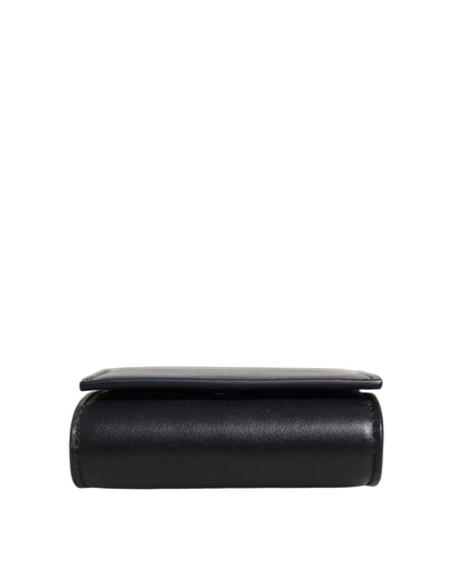 Black Calfskin Leather Logo Print Bifold CoinPurse Wallet