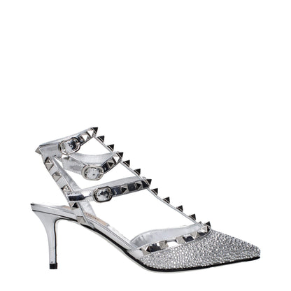 Gray Leather Stiletto Heel Sandals