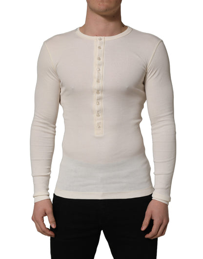 White Long Sleeves Henley Pullover Sweater