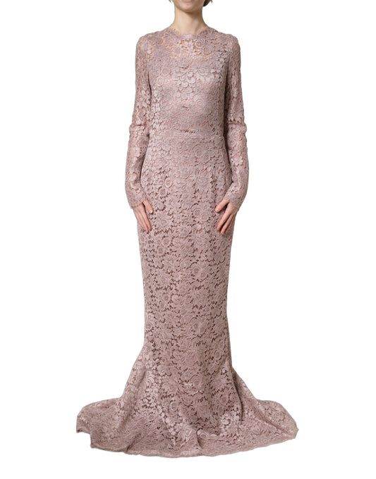Pink Lace Long Sleeves Evening Gown Dress