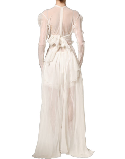 White Silk Sheer Draped Long Gown Dress