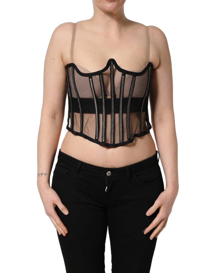 Black Sheer Tulle Bodysuit Cropped Corset Top