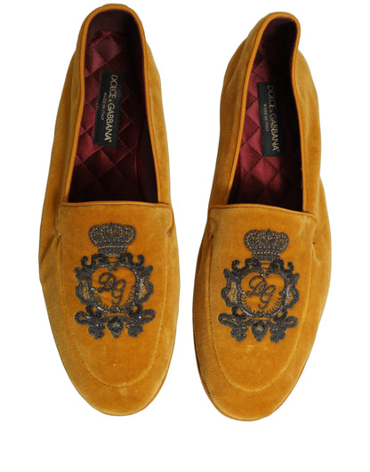Yellow Velvet Crown Embroidery Loafers Shoes