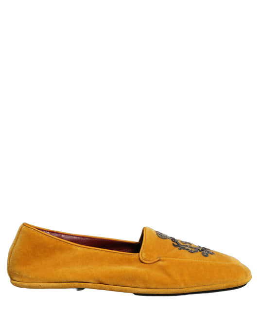 Yellow Velvet Crown Embroidery Loafers Shoes