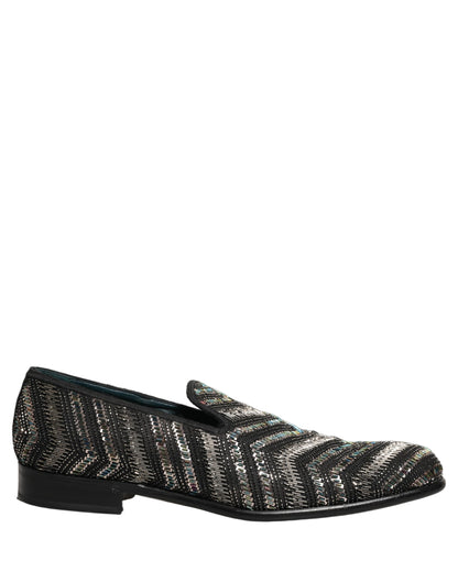 Black Silver Embellished Slip On Loafers Shoes