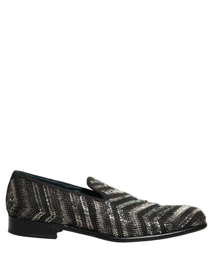Black Silver Embellished Slip On Loafers Shoes
