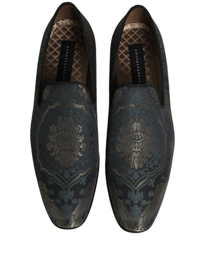 Black Floral Brocade Slip On Loafers Shoes