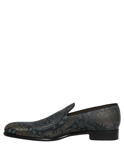 Black Floral Brocade Slip On Loafers Shoes