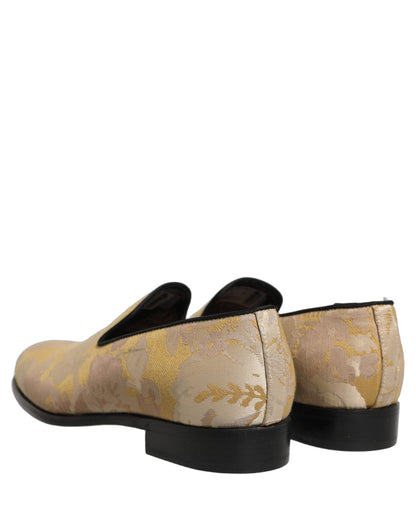Gold Floral Print Jacquard Men Loafers Shoes