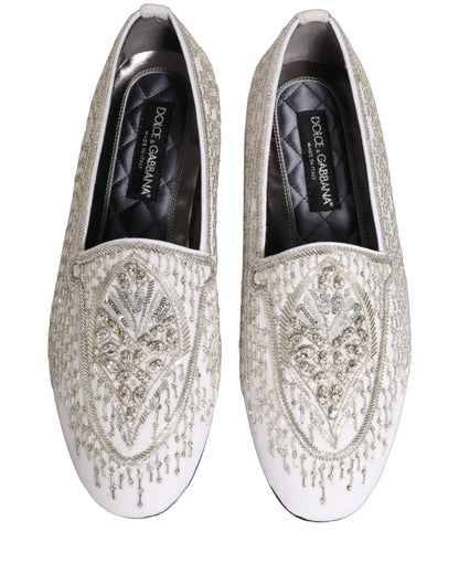 White Satin Embellished Dress Loafers Shoes