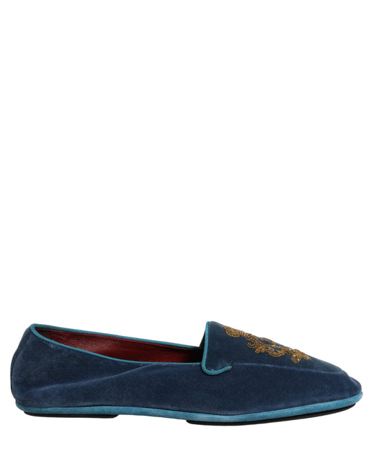 Blue Velvet Crown Embroidery Loafers Shoes