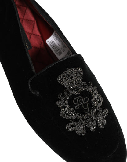 Black Velvet Crown Embroidery Loafers Shoes
