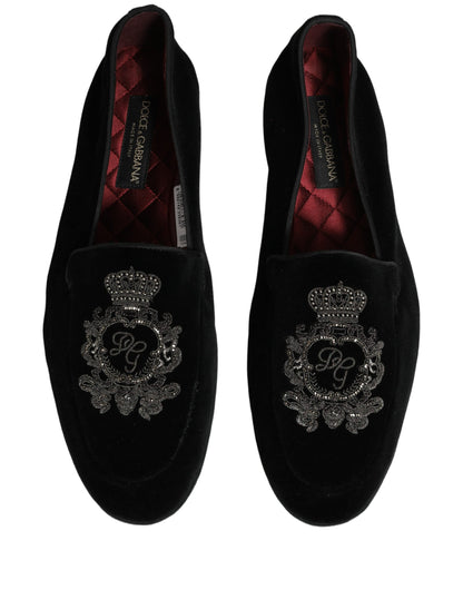 Black Velvet Crown Embroidery Loafers Shoes