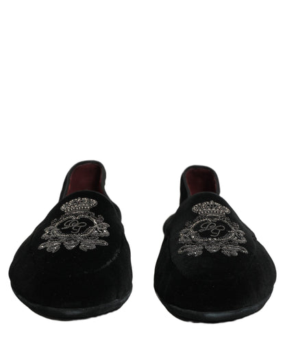 Black Velvet Crown Embroidery Loafers Shoes