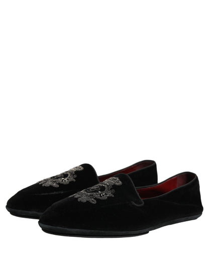 Black Velvet Crown Embroidery Loafers Shoes