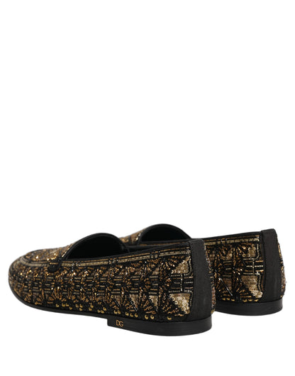 Black Gold Embellished Slip On Loafers Shoes