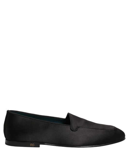 Black Satin Logo Slip On Flats Loafers Shoes
