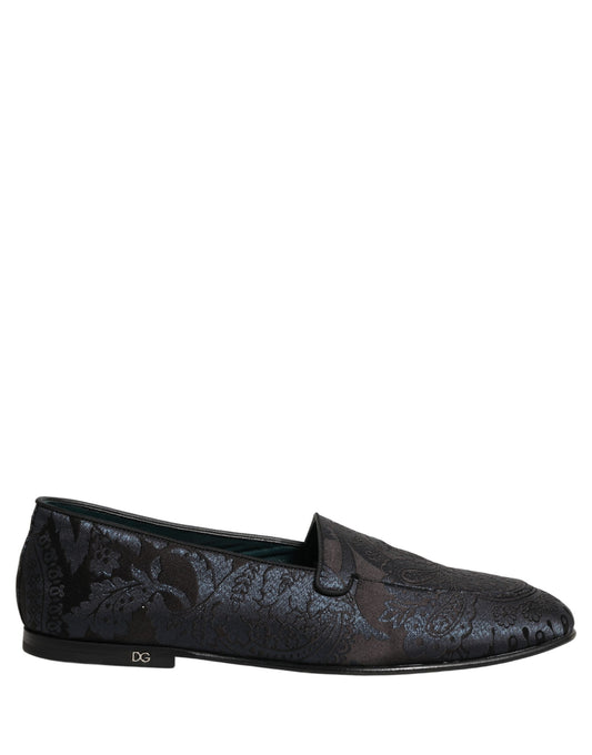 Blue Jacquard Leather Slip On Loafers Shoes