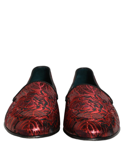 Red Floral Jacquard Slip On Loafers Shoes
