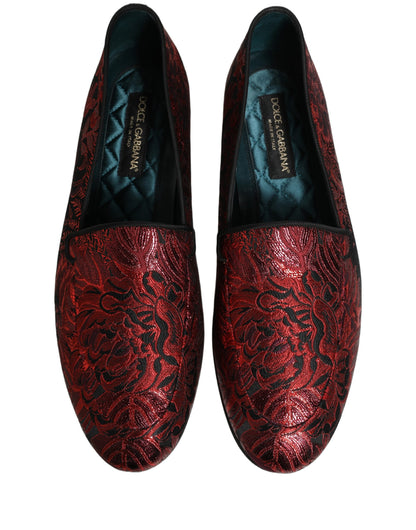 Red Floral Jacquard Slip On Loafers Shoes