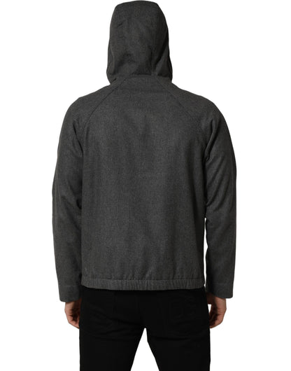Gray Cotton Men Hooded Full Zip Bomber Jacket