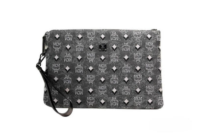 MCM Veritas Medium Dark Grey Denim Monogram Logo Canvas Clutch Pouch Handbag