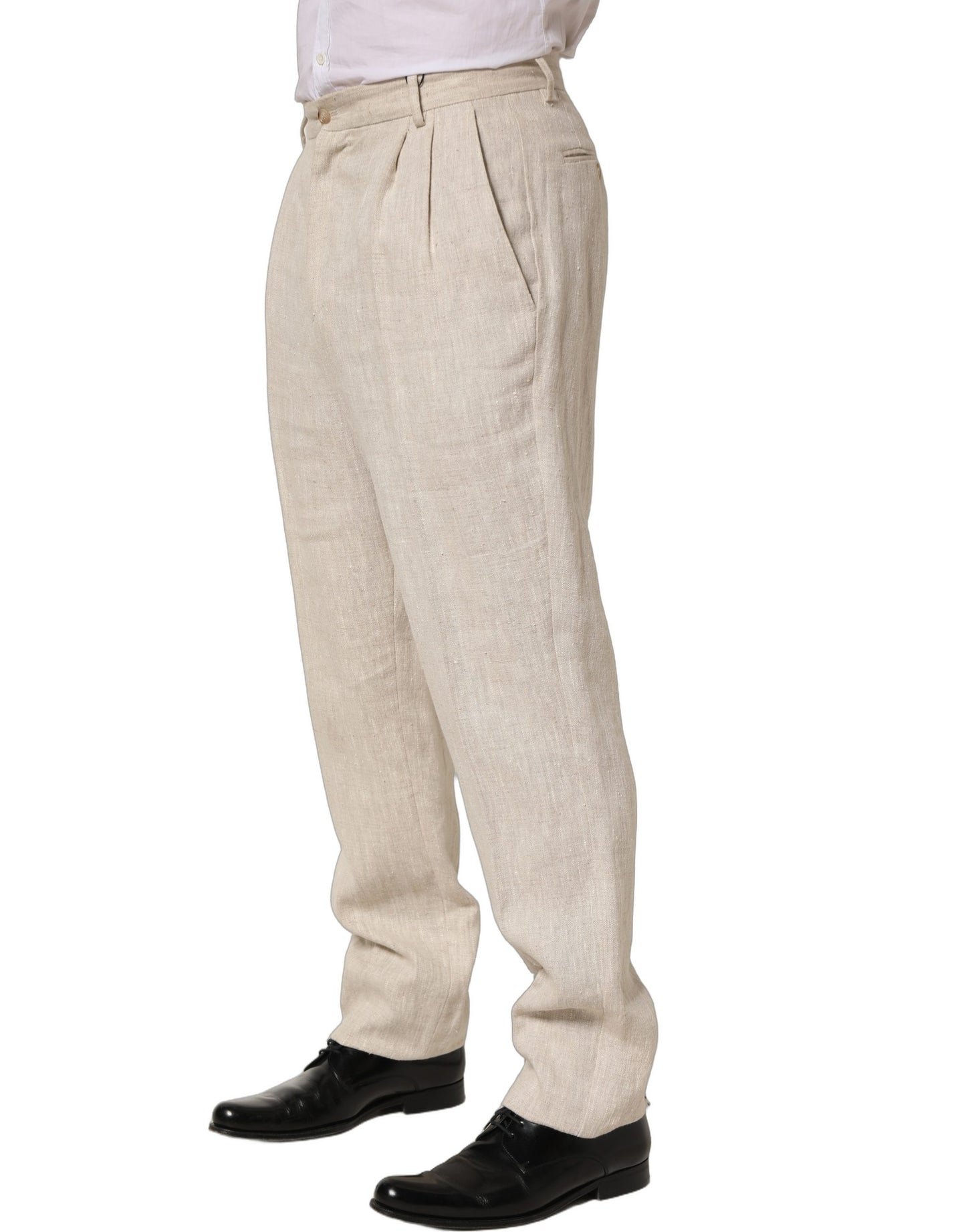 Beige Linen Tapered Men Dress Trouser Pants