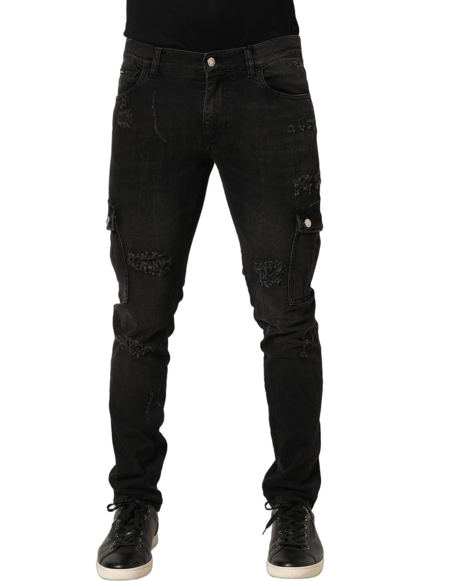 Black Distressed Cargo Cotton Men Denim Jeans