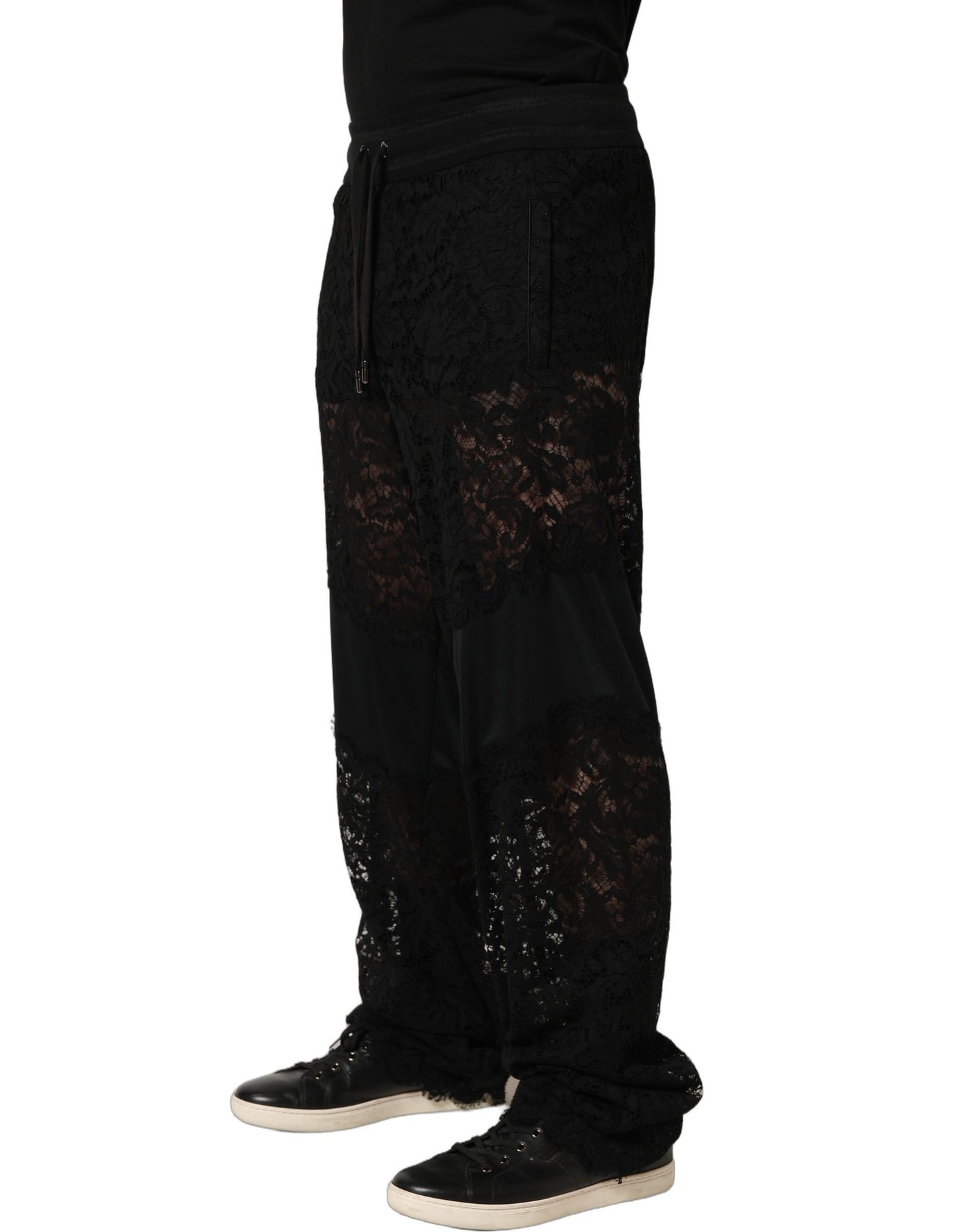 Black Lace Mid Waist Jogger Men Trouser Pants