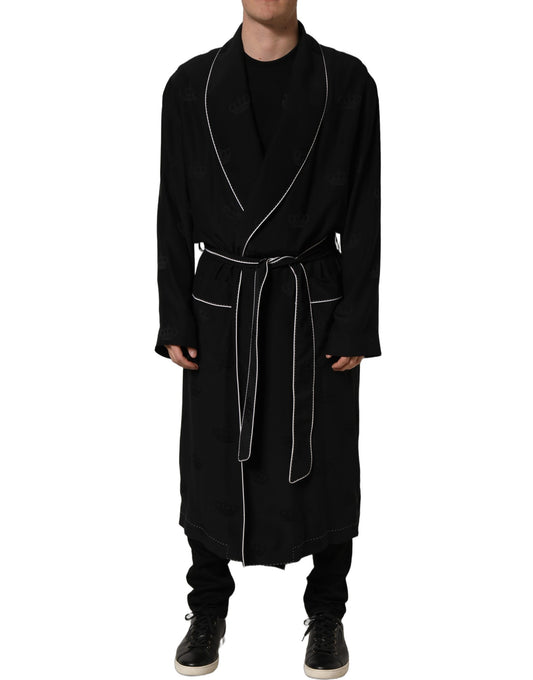 Black 100% Silk Robe Men Wrap Coat Jacket