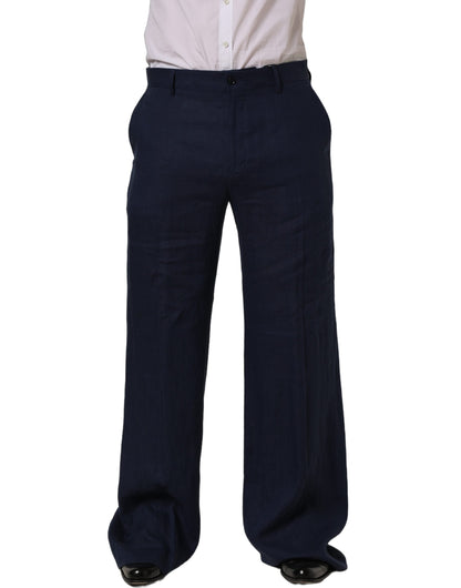 Blue Linen Straight Men Dress Trouser Pants
